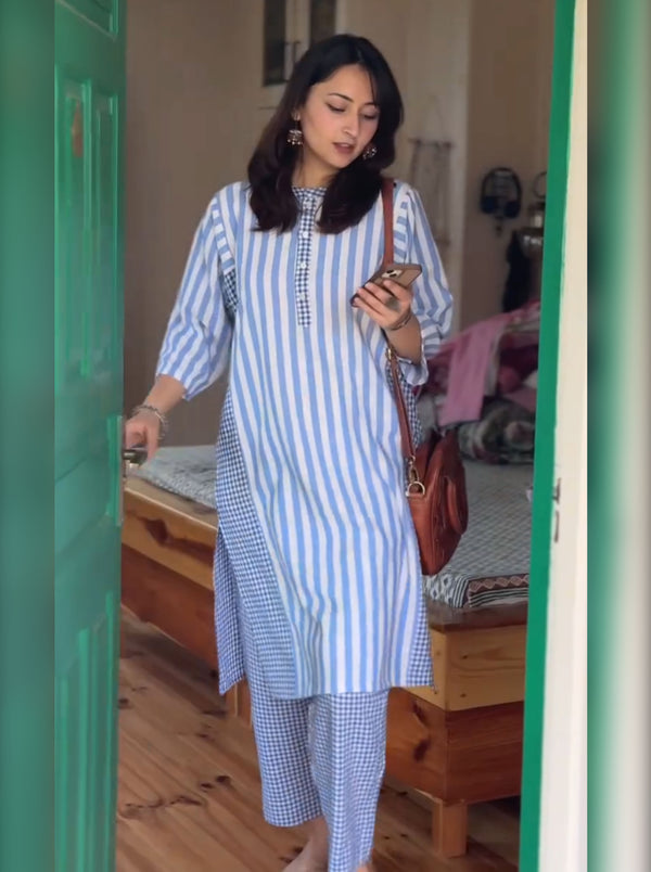 PYALI Pair – Soft Cotton Stripes & Checks Fusion Kurti Set